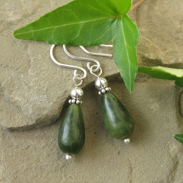Green Irish earrings - Genuine Connemara marble + sterling silver teardrop stone dangles / fast & free shipping