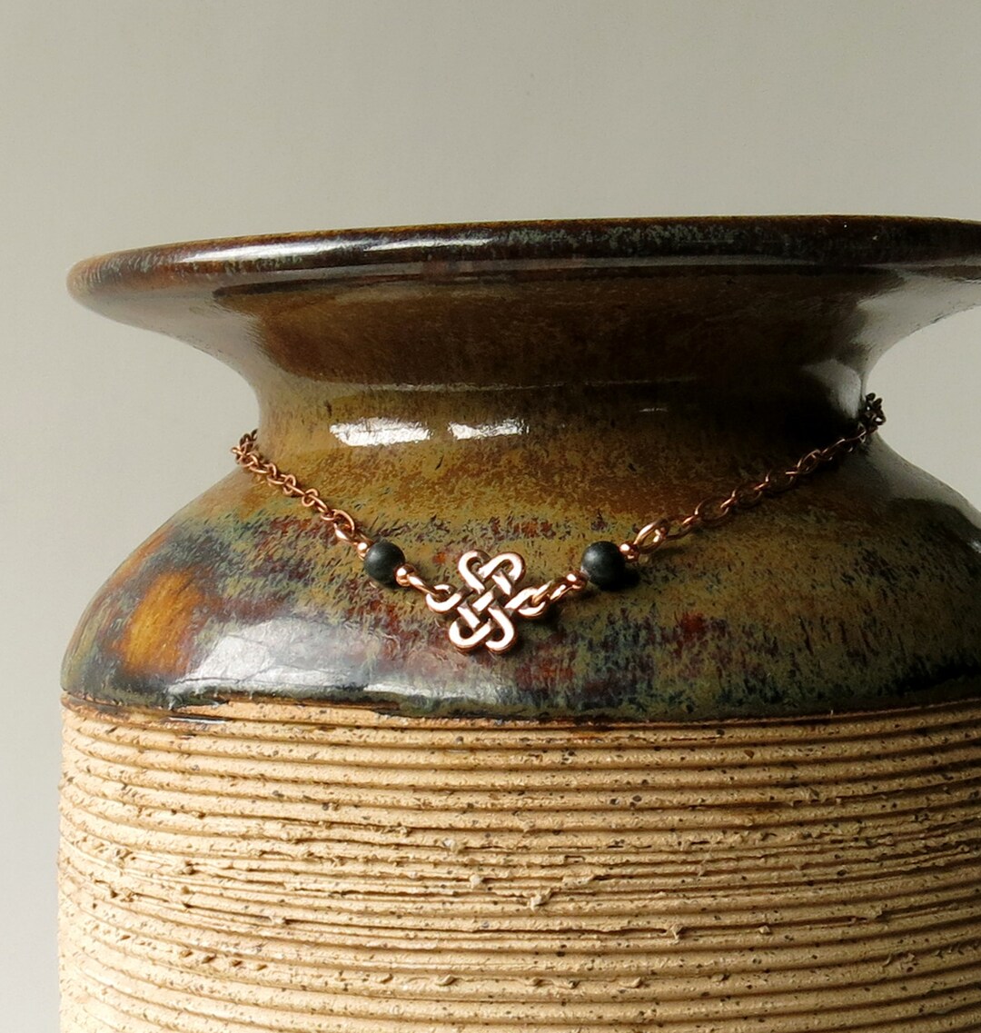 Celtic Jewelry, Irish Black Kilkenny Marble Stones, Copper Celtic Knot