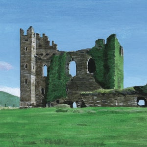 May include: A stone castle ruin overgrown with green vines against a blue sky. The castle has a tall tower and several arched openings.