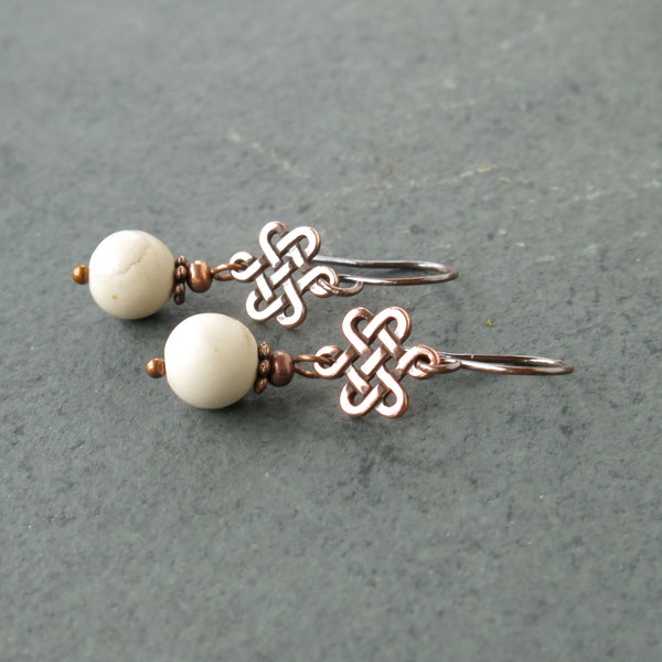 Creamy white Irish stone earrings, Celtic knot earrings, authentic Ulster marble beads, Celtic jewelry, Copper earrings