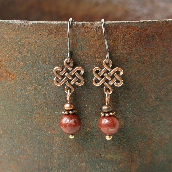 Red Irish stone earrings - copper celtic knot & authentic Cork marble beads