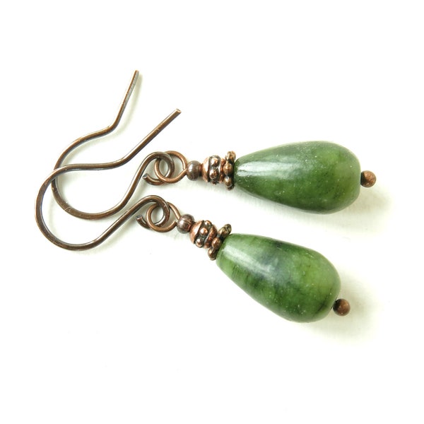 Green Irish earrings - Genuine Connemara marble teardrop stones & oxidized copper dangles