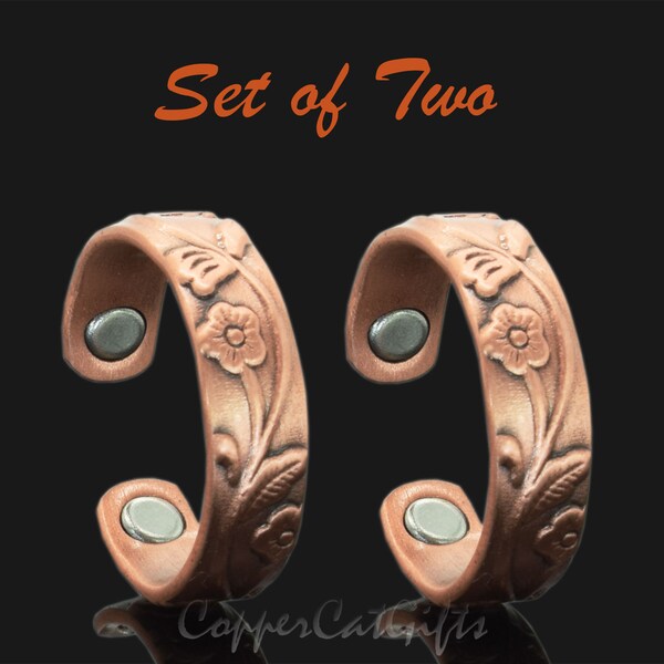 Womens Pure Copper Magnetic Rings SET OF 2 Solid Copper rings, Adjustable - RF