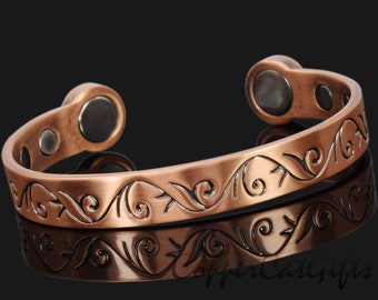 Ladies Copper Bracelet with Floral pattern Celtic Bangle Torque Solid Copper Magnetic Bangle Adjustable - HPU