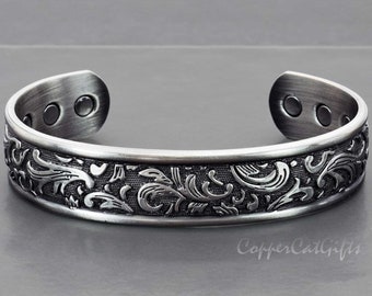 Ladies Copper Bracelet Adjustable Beautiful Flower Pattern Silver Pewter Plated Solid Copper Bangle Gift for Her Art Nouveau Design - PP