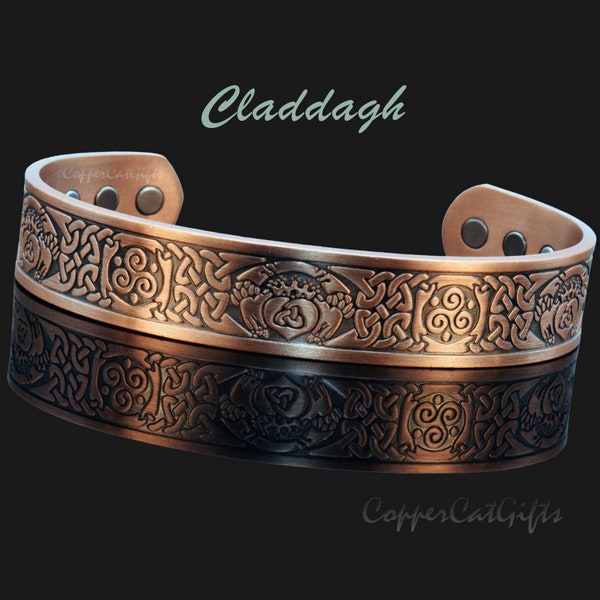 Handmade Copper Bangle Celtic Irish Claddagh, Pure Solid Copper Magnetic Bracelet, Beautiful Gift for Men or Women, Adjustable (CDH)