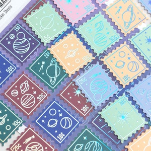 Space Mail Stamp Sticker Sheet Pack with Holographic Foil Details | Journal Stickers with a Geometric Planet, Space Theme