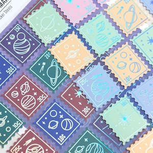 Space Mail-stempelstickervelpakket met holografische foliedetails | Dagboekstickers met een geometrische planeet en ruimtethema