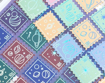 Space Mail Stamp Sticker Sheet Pack with Holographic Foil Details | Journal Stickers with a Geometric Planet, Space Theme