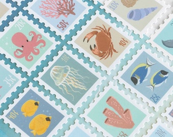 Ocean Life Stamps Sticker Sheet | Journal Stickers with a Ocean Life, Dolphin, Sea Shells, Squid Theme