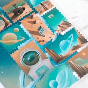 Hoja de pegatinas con sellos del espacio exterior / Pegatinas de diario con temática de viajes espaciales, planetas y astronautas