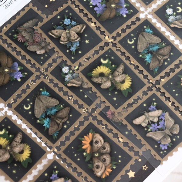 Midnight Garden Stamps Sticker Sheet | Journal Stickers with a Floral, Moth and Night Theme