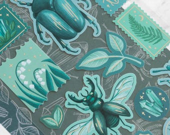 Mystical Beetles Sticker Sheet with Silver Foil Details | Journal Stickers with a Beetle, Bug, Insect, Plant, Mystical Theme