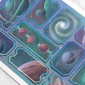 Stickervel Dreamy Planets-tickets met holografische foliedetails | Dagboekstickers