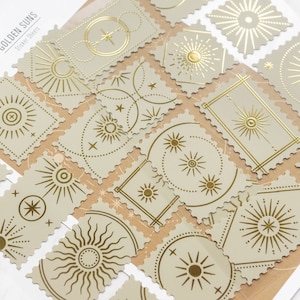 Golden Suns stickervelpakket met goudfoliedetails | Dagboekstickers met een geometrisch zonnestelsel en zonthema