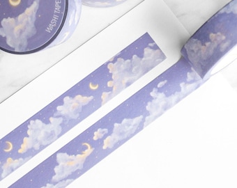 Washi Tape - 10m - Cloudy Night Moon, Stars, Sky Theme - Rolle oder Probe