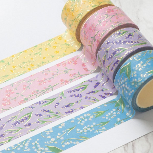 Golden Flowers Washi Tape - Gold Foil Floral Pattern - Roll or Sample