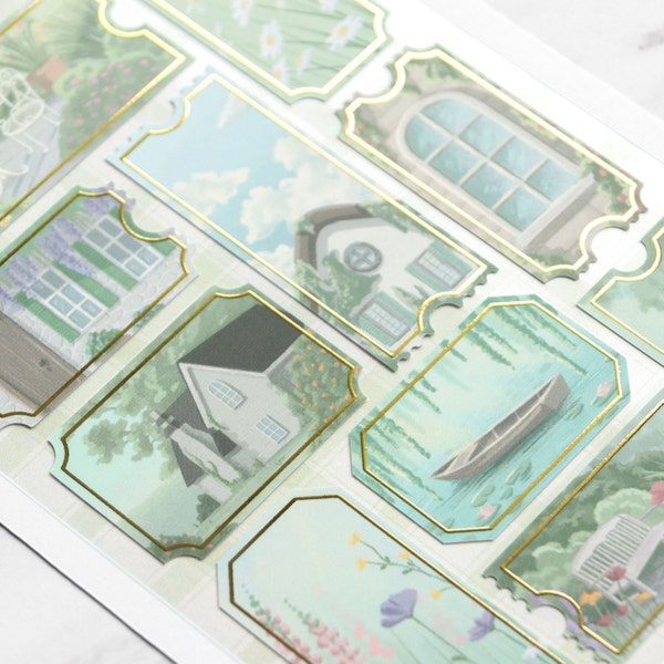 Cozy Cottage Life Tickets Sticker Sheet with Gold Foil Details | Journal Stickers with a Spring Cottage and Floral Theme