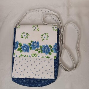 Purse with Multiple Pockets, Blue Floral Crossbody Bag: Vintage Repurposed Handkerchief Pocketbook, Gift for her, gift for traveler