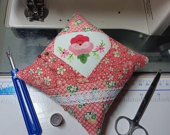 Handmade Pincushion, Pink Pansy Pincushion: Vintage Appliqued Needle Minder