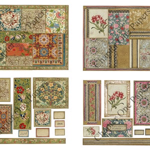 May include: A digital collage sheet with vintage floral and geometric patterns in shades of red, green, blue, gold, and brown. The sheet includes various sizes and shapes of patterns, including a floral border, a floral design with the word "Paris", and a geometric rug pattern.