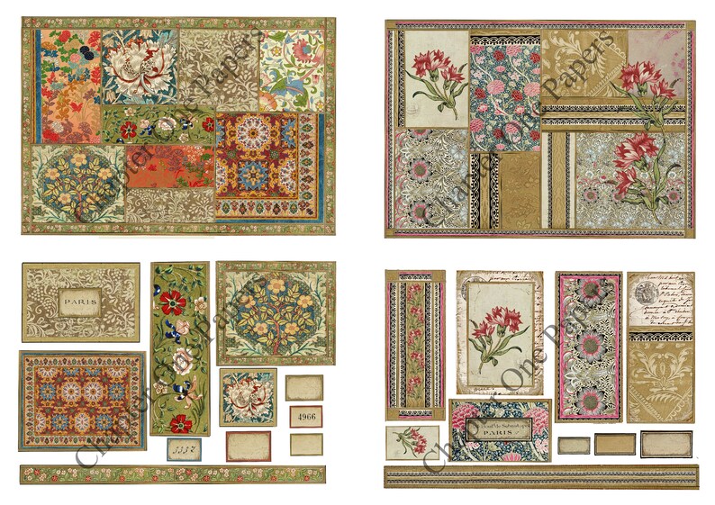 May include: A digital collage sheet with vintage floral and geometric patterns in shades of red, green, blue, gold, and brown. The sheet includes various sizes and shapes of patterns, including a floral border, a floral design with the word "Paris", and a geometric rug pattern.