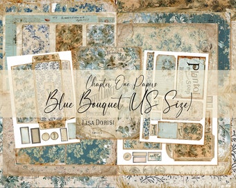 May include: A collection of 12 digital papers in US letter size featuring a blue floral pattern with a vintage aesthetic. The papers are titled "Chapter One Papers Blue Bouquet US Size!" and are by Lisa Dorisi.