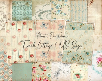 May include: A collage of 12 digital paper designs in a vintage style featuring floral patterns, polka dots, and delicate embroidery. The papers are labeled "Chapter One Papers French Cottage 1 (US Size)".