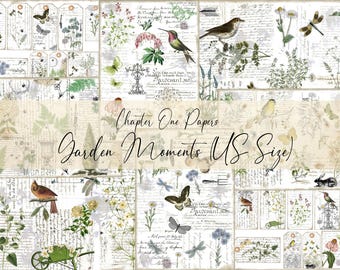 May include: A collage of digital papers featuring a garden theme. The papers include images of birds, butterflies, flowers, and other garden elements. The papers are designed for scrapbooking, card making, and other paper crafts. The text "Chapter One Papers Garden Moments US Size" is displayed on the collage.