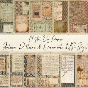 May include: A digital collage of 24 vintage papers with antique patterns and documents in US letter size. The papers feature faded text, intricate floral designs, and aged textures. The title "Chapter One Papers Antique Patterns & Documents (US Size)" is displayed at the top.