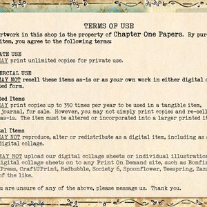 May include: A text document with the terms of use for a shop called Chapter One Papers. The document outlines the rules for private, commercial, printed, and digital use of the shop's artwork.