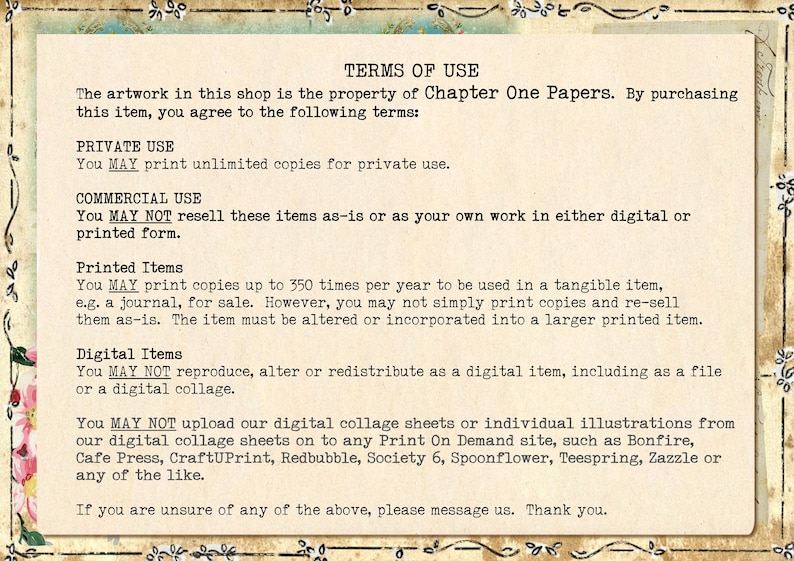 May include: A text document with the terms of use for a shop called Chapter One Papers. The document outlines the rules for private, commercial, printed, and digital use of the shop's artwork.