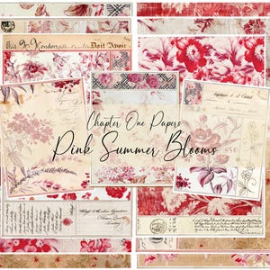 Può includere: Un collage di carte in stile vintage con motivi floreali e script in tonalità rosa, rosso e crema. Il testo "Chapter One Papers Pink Summer Blooms" è visualizzato al centro. Le carte hanno un aspetto invecchiato e usurato.