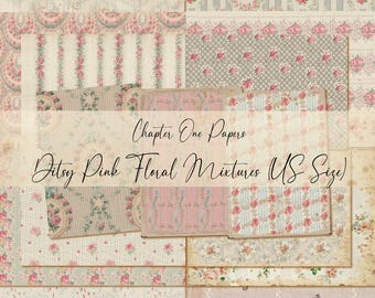 May include: A collage of digital papers featuring various floral patterns in shades of pink and white. The papers are labeled "Chapter One Papers Ditsy Pink Floral Mixtures US Size".