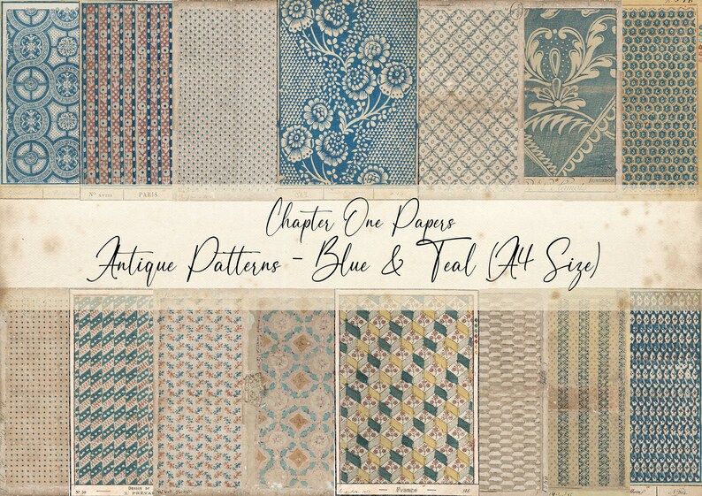 Motifs anciens Kit de papier journal indésirable bleu et sarcelle image 1