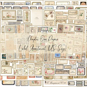 May include: A selection of vintage labels and ephemera in assorted shapes and sizes. The labels display floral designs, handwritten text, and decorative borders. The text "Chapter One Papers Label Assortment US Size" is visible.