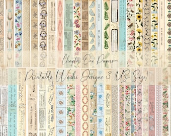 May include: A collection of printable washi tape designs featuring various patterns and colors, including floral, geometric, and text-based designs. The designs are labeled "Chapter One Papers" and "Printable Washi Designs 3 US Size".