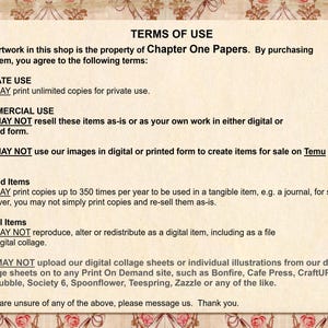 May include: Terms of Use document from Chapter One Papers, with text in black font on a cream background. The document outlines private and commercial use policies, including restrictions on resale and digital distribution. The document is framed with a floral border.