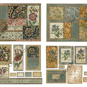 May include: A digital collage sheet featuring vintage floral patterns in shades of blue, green, gold, and red. The sheet includes various floral motifs, including roses, lilies, and other botanical designs. The sheet is perfect for scrapbooking, card making, and other paper crafts.