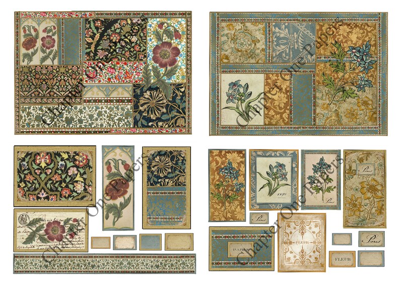 May include: A digital collage sheet featuring vintage floral patterns in shades of blue, green, gold, and red. The sheet includes various floral motifs, including roses, lilies, and other botanical designs. The sheet is perfect for scrapbooking, card making, and other paper crafts.