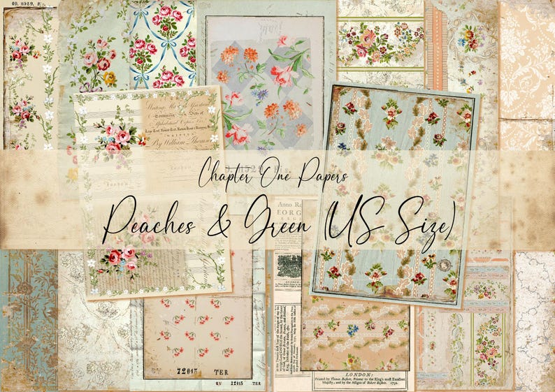 May include: A collage of 12 digital papers featuring floral patterns in peach, green, and white. The papers are labeled "Chapter One Papers Peaches & Green (US Size)".