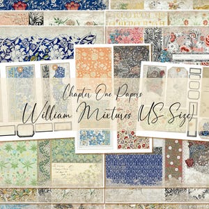 Könnte beinhalten: Eine Collage aus gemusterten Papieren mit floralen und geometrischen Designs in verschiedenen Farben. Der Text "Chapter One Papers William Mixtures US Size" ist sichtbar. Die Papiere haben eine Vintage-Ästhetik.