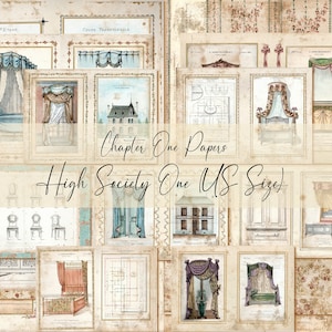 Puede incluir: Una colección de papeles de estilo vintage con ilustraciones de arquitectura y diseño de interiores. Los papeles presentan dibujos de cortinas, camas y planos de edificios, con el texto "Chapter One Papers High Society One US Size". La paleta de colores incluye beige, azul y rosa.