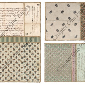 May include: A collage of four vintage paper textures with a floral pattern, a striped pattern, and two handwritten documents with text in French. The text on the documents includes the words "Chapter One Papers" and "Napoleon".