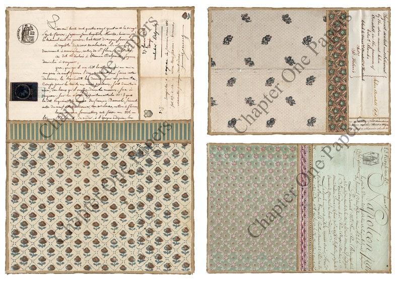 May include: A collage of four vintage paper textures with a floral pattern, a striped pattern, and two handwritten documents with text in French. The text on the documents includes the words "Chapter One Papers" and "Napoleon".
