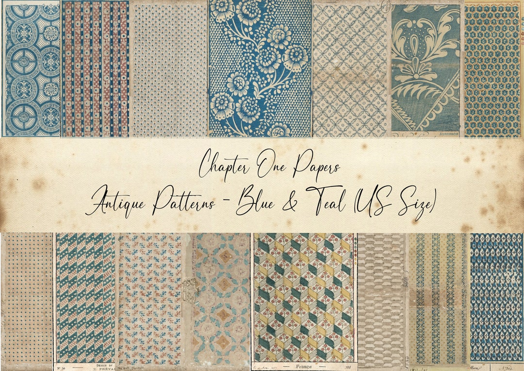 Antique Patterns - Blue & Teal Junk Journal Papers Kit (US Letter Size ...