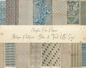 May include: A collection of 12 digital papers featuring antique patterns in blue and teal colors. The papers are in US letter size and are perfect for scrapbooking, card making, and other craft projects.