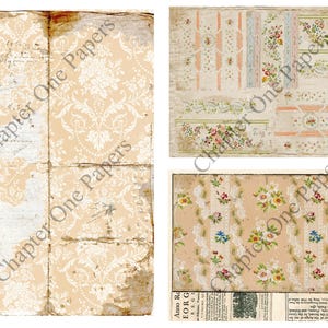 May include: A digital collage sheet with four different vintage wallpaper patterns. The patterns feature floral designs, lace, and stripes in shades of cream, pink, and blue. The patterns are printed on a textured background with a distressed look.