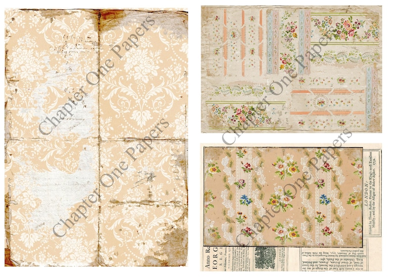 May include: A digital collage sheet with four different vintage wallpaper patterns. The patterns feature floral designs, lace, and stripes in shades of cream, pink, and blue. The patterns are printed on a textured background with a distressed look.