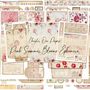 May include: A selection of pink floral ephemera, including tags, labels, and decorative papers. The text "Chapter One Papers Pink Summer Blooms Ephemera" is displayed in the center. The design has a vintage aesthetic with a soft colour palette.